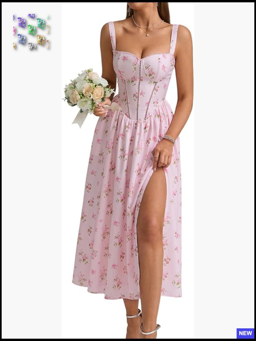 Floral Corset Midi Dress Flowy Slit Wedding Guest Boho Summer Sundress